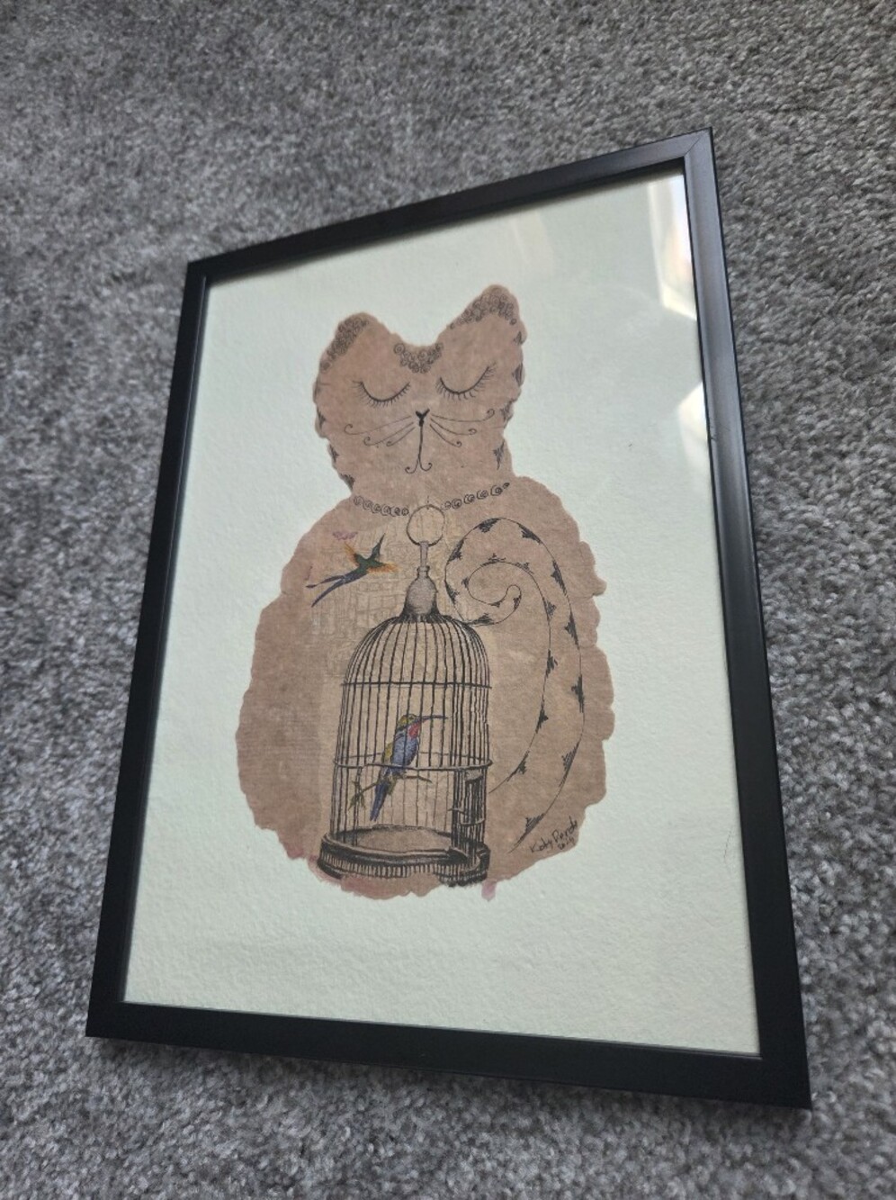 Whimsical Cat Art in Black Frame